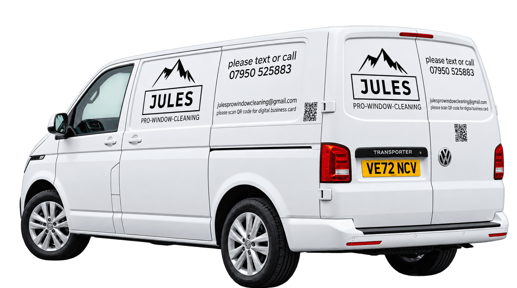 The Jules Pro Window Cleaning van, a white VW Transporter with the logo and phone number on its side